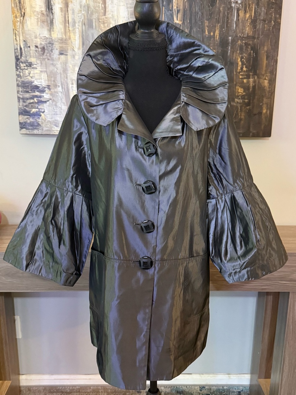 Vtg 90s PENTA Avant Garde Jacket Metallic Gray Oversized Ruffle Collar Goth 10
